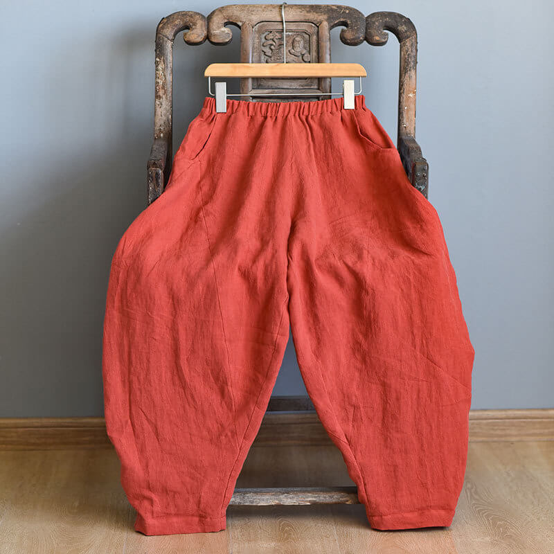 Pantalon décontracté ample en lin imprimé rétro pour femme, printemps