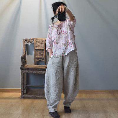 Pantalones casuales sueltos de lino con estampado retro de primavera para mujer