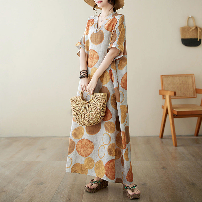 Women Summer V-Neck Cotton Linen Loose Dress – Babakud