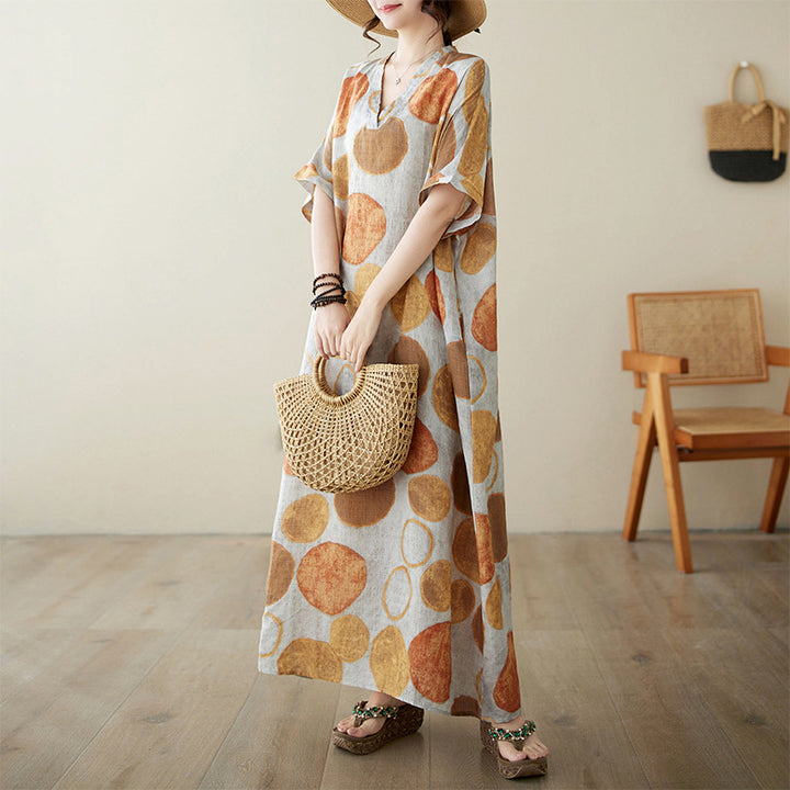 Women Summer V-Neck Cotton Linen Loose Dress – Babakud