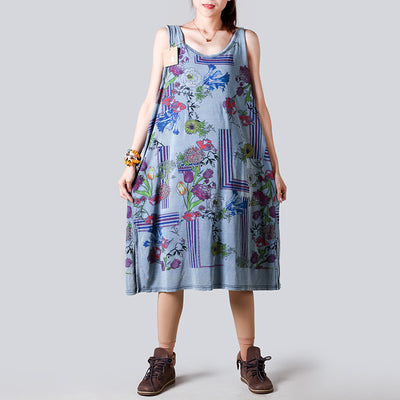 Summer Casual Floral Printed Cotton Sleeveless Dress