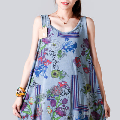 Summer Casual Floral Printed Cotton Sleeveless Dress