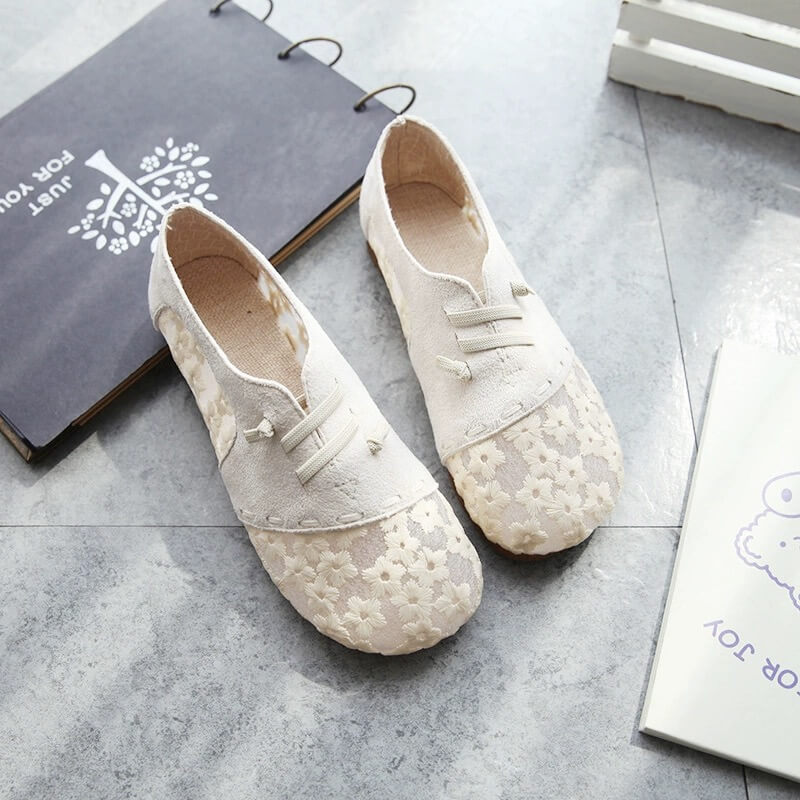 Summer Casual Lace Floral Flats Vintage Fisherman Shoes Foldable Flats