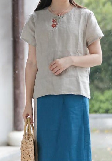 Linen Short Sleeves Summer Retro Floral Embroidery Shirt