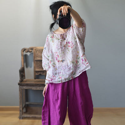 Women Linen Floral Short Sleeves Spring Summer Shirt