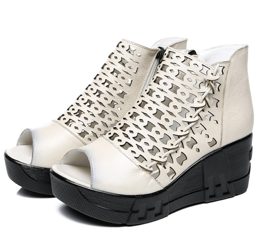 Women Summer Soft Leather Wedge Black Boots White Boots
