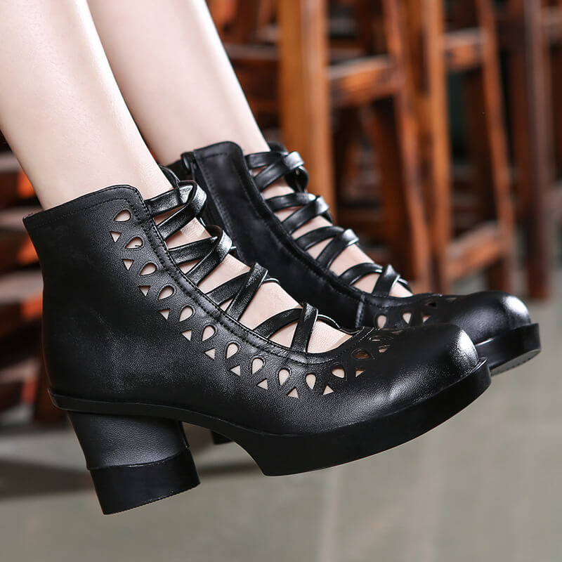 Women Soft Leather Wedge Black Boots Red Ankle Boots