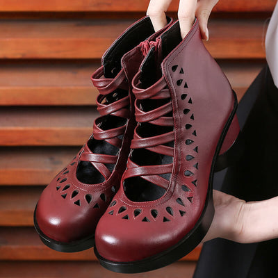 Women Soft Leather Wedge Black Boots Red Ankle Boots