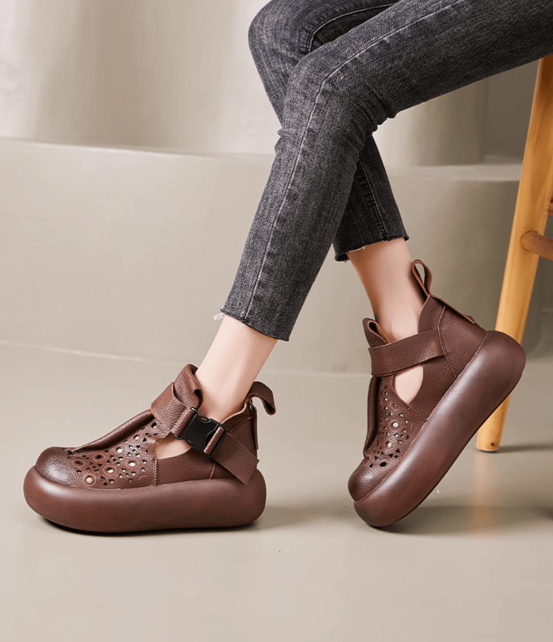 Women Summer Hollow Leather Wedge Boots