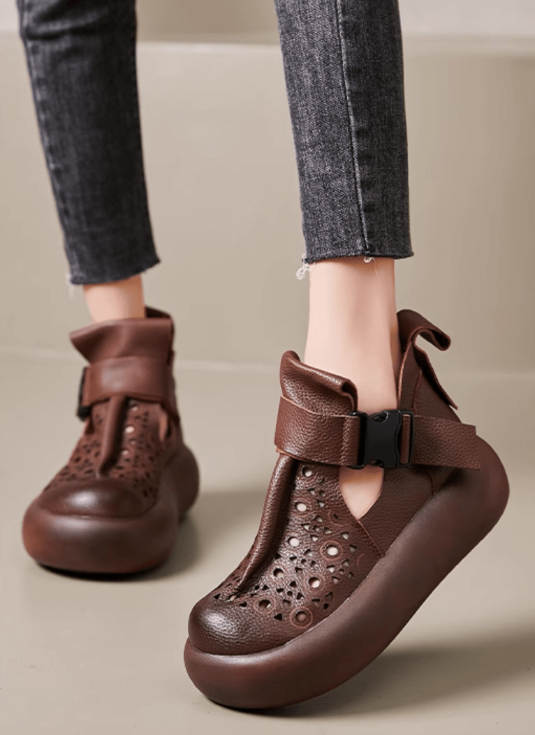 Women Summer Hollow Leather Wedge Boots