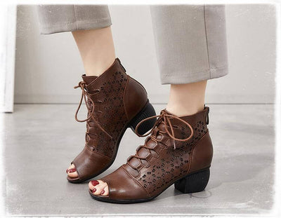 Women Pee-Toe Soft Leather Wedge Black Ankle Boots