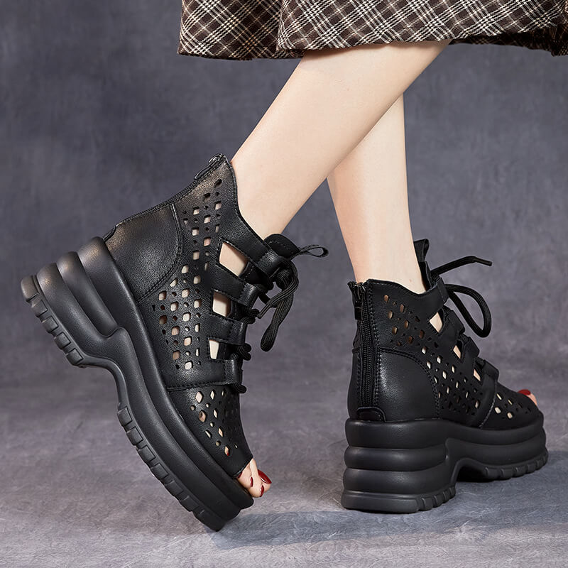Pee-Toe Soft Leather Wedge Black Ankle Boots for Women