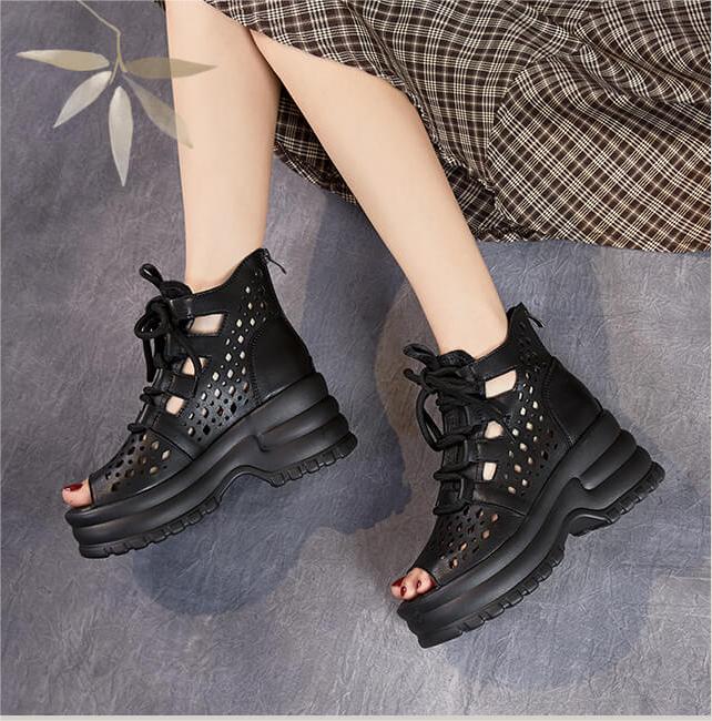 Pee-Toe Soft Leather Wedge Black Ankle Boots for Women