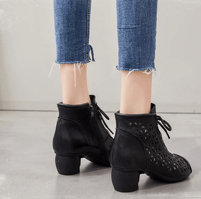 Women Soft Leather Wedge Black Hollow Boots White Ankle Boots