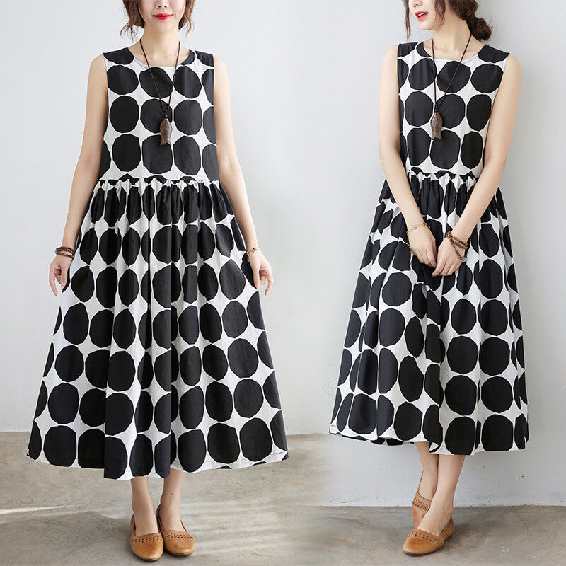 Babakud Plus Size Summer Polka-Dot Printed Sleeveless O-Collar Dress
