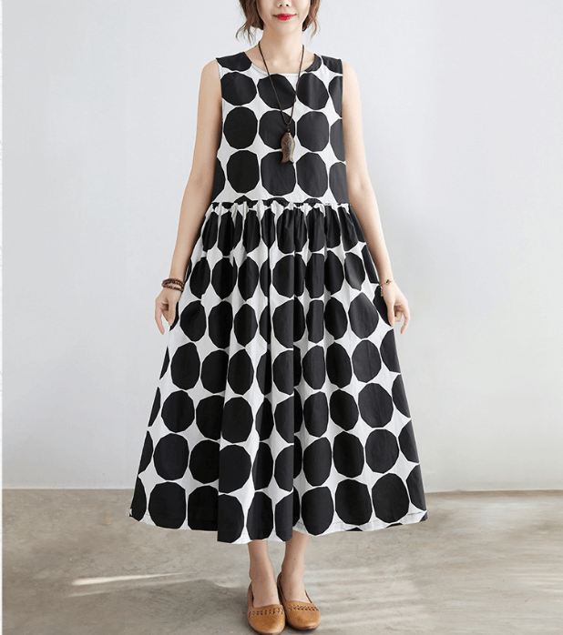 Babakud Plus Size Summer Polka-Dot Printed Sleeveless O-Collar Dress