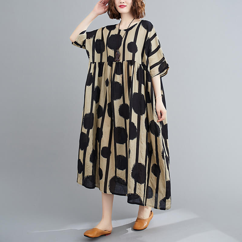 Babakud Plus Size Summer Polka-Dot Printed O-Collar Dress