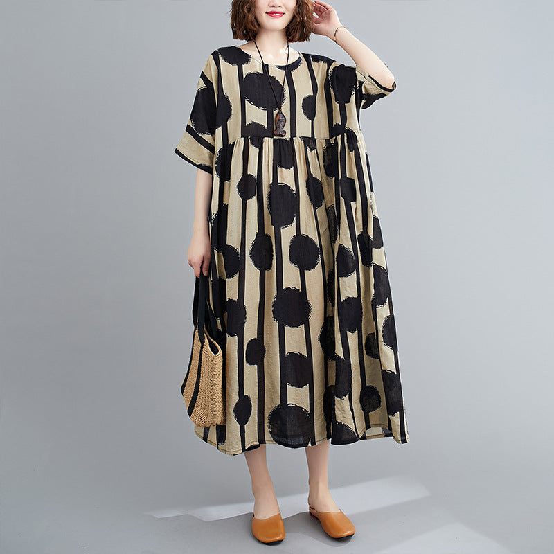 Babakud Plus Size Summer Polka-Dot Printed O-Collar Dress