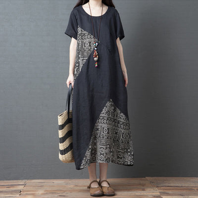 Babakud Plus Size Summer Retro Floral O-Collar Linen Dress