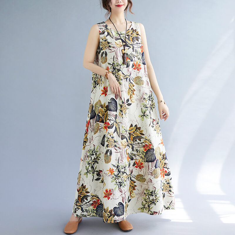 Babakud Plus Size - Summer Floral Printed Cotton Sleeveless Pinafore Dress