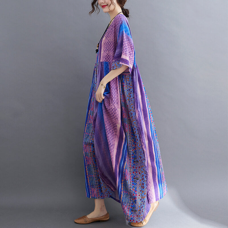 Babakud Plus Size - Summer Floral Printed Linen Purple Dress