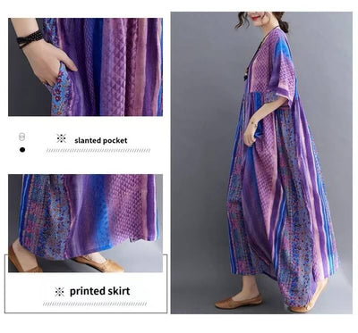 Babakud Plus Size - Summer Floral Printed Linen Purple Dress