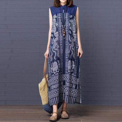 Babakud Plus Size - Summer Floral Printed Linen Blue Dress