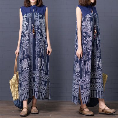 Babakud Plus Size - Summer Floral Printed Linen Blue Dress