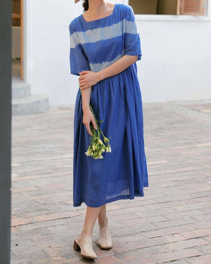 Babakud Handmade Tie-Dye Blue Linen Dress