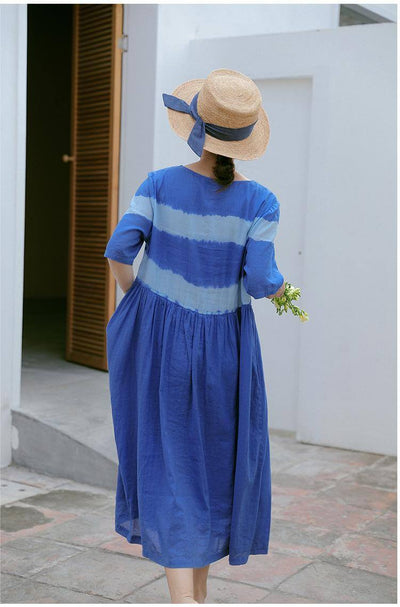 Babakud Handmade Tie-Dye Blue Linen Dress