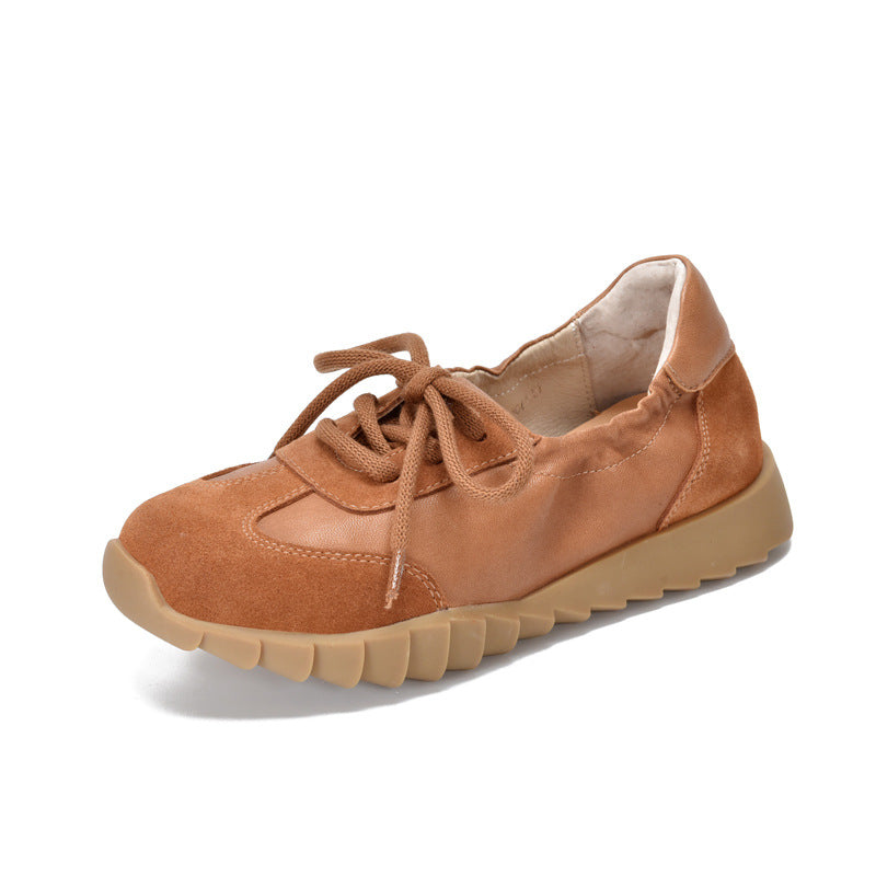 Babakud Women Spring Vintage Lace-Up Round-Toe Leather Shoes