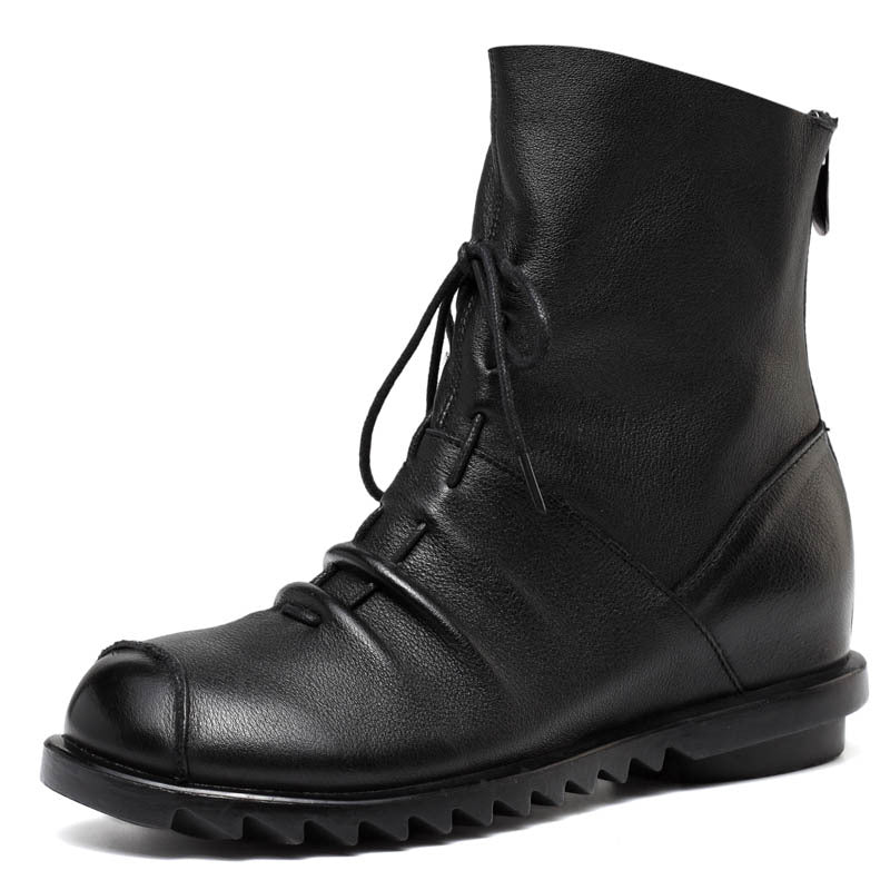 Black Retro Drawstring Soft Leather Short Boots