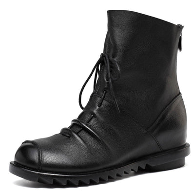 Black Retro Drawstring Soft Leather Short Boots