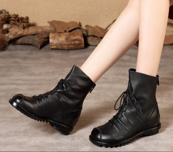 Black Retro Drawstring Soft Leather Short Boots