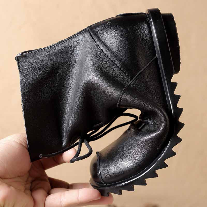Black Retro Drawstring Soft Leather Short Boots