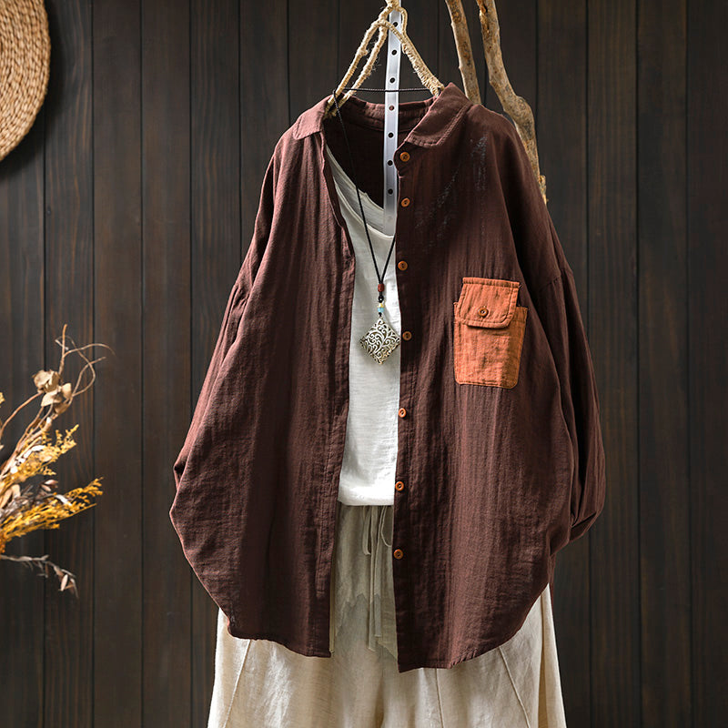 Women Spring Retro Colorblock Pocket Cotton Blouse