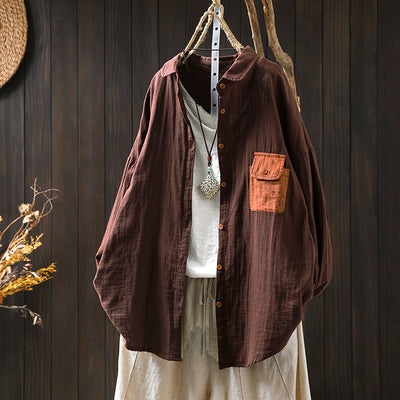 Women Spring Retro Colorblock Pocket Cotton Blouse