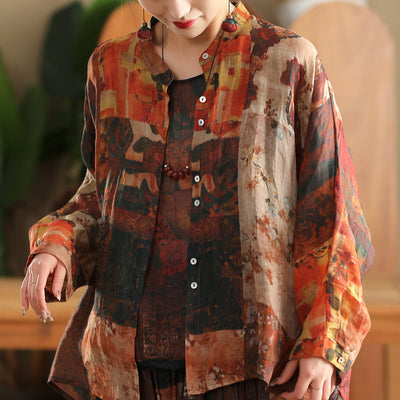Women Spring Retro Printed Floral Ramie Shirt Blouse