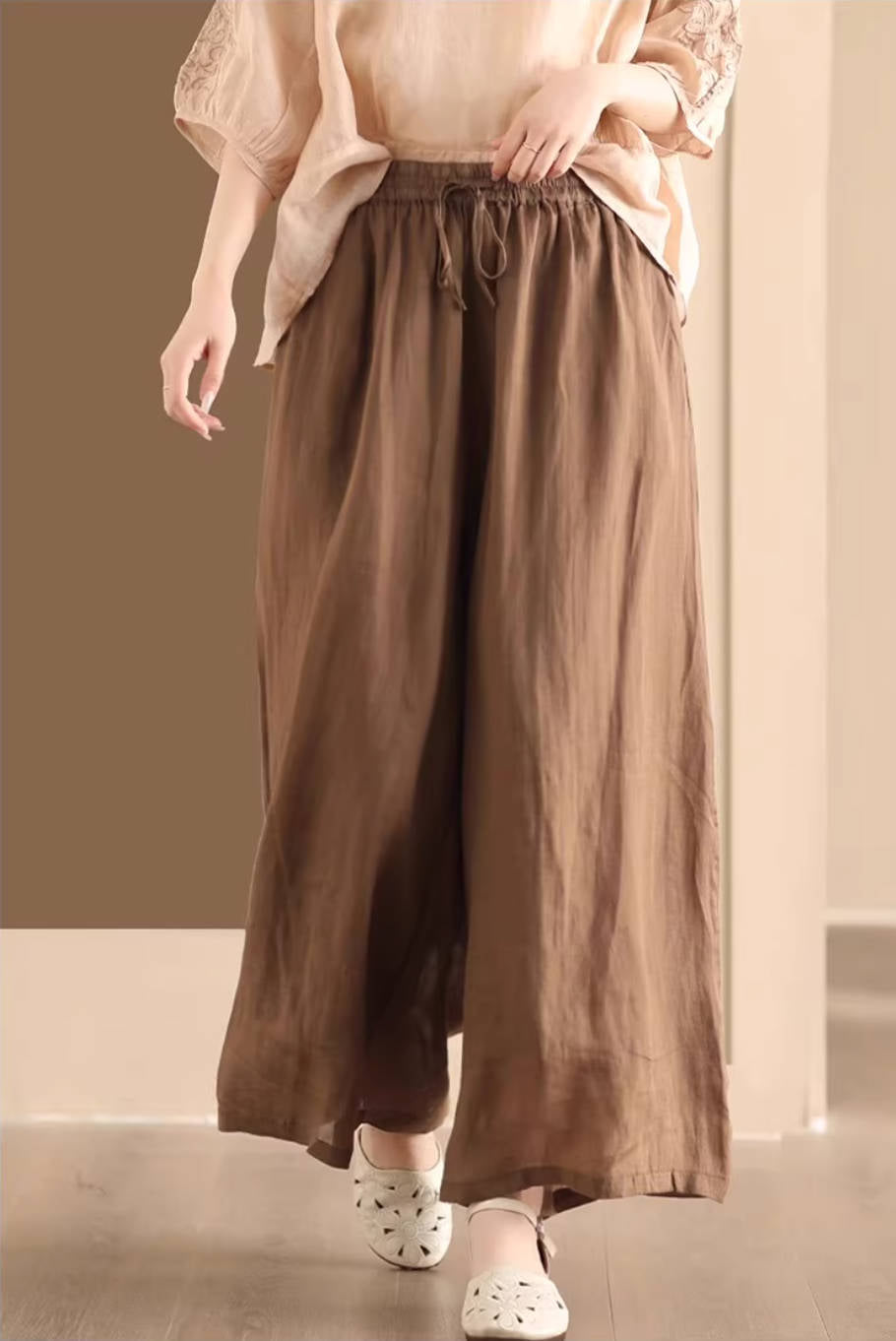 Women Retro Linen Loose Solid Color Wide Leg Lace-Up Pants
