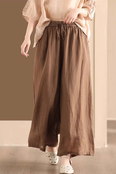 Women Retro Linen Loose Solid Color Wide Leg Lace-Up Pants