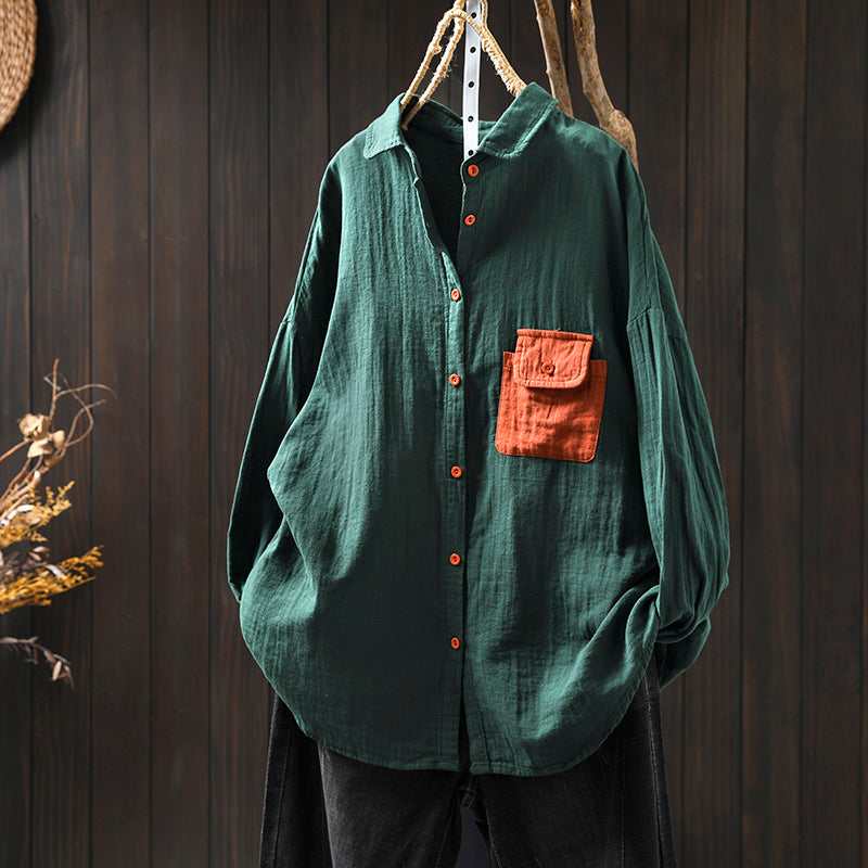 Women Spring Retro Colorblock Pocket Cotton Blouse