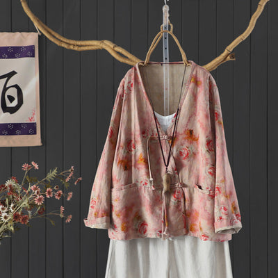 Women Spring Vintage Chinese-Style Cotton Blouse with Floral Print