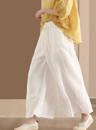Women Retro Linen Loose Solid Color Wide Leg Lace-Up Pants
