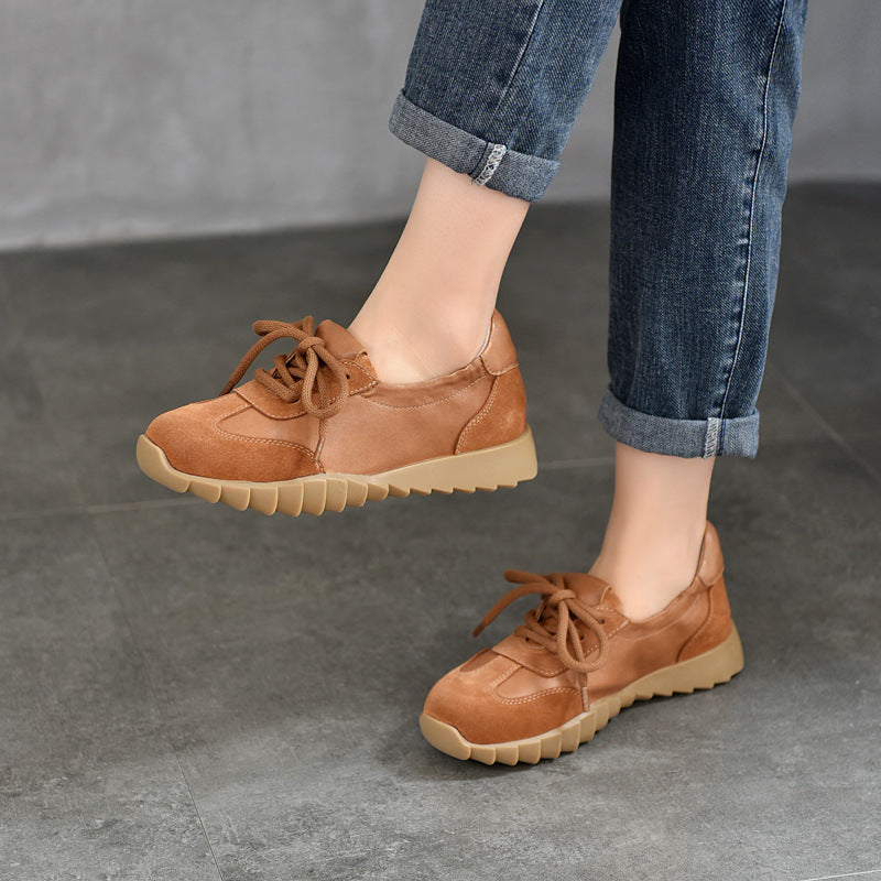 Babakud Women Spring Vintage Lace-Up Round-Toe Leather Shoes