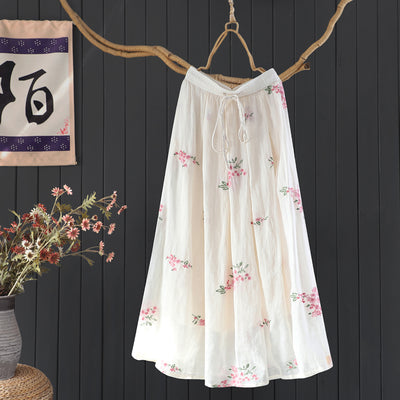 Women Spring Vintage Embroidered Ramie Skirt with Floral