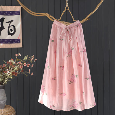 Women Spring Vintage Embroidered Ramie Skirt with Floral