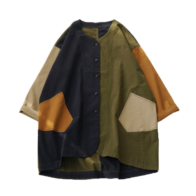 Plus Size Women Retro Color Block Mid-Length Loose Jacket