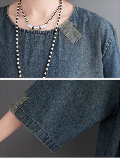 Loose Large Pocket Patchwork Denim Midi Dresses