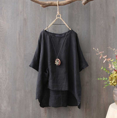 Plus Size Pocket Solid Color Asymmetric Cotton T-Shirts
