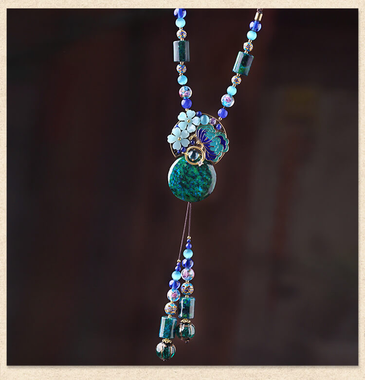 Vintage Cloisonné Retro Colored Turquoise Long Necklace